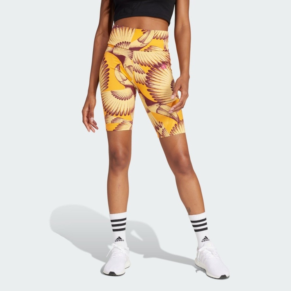adidas x FARM Rio yellow Toucan bird Print Bike Shorts Orange High Waist S